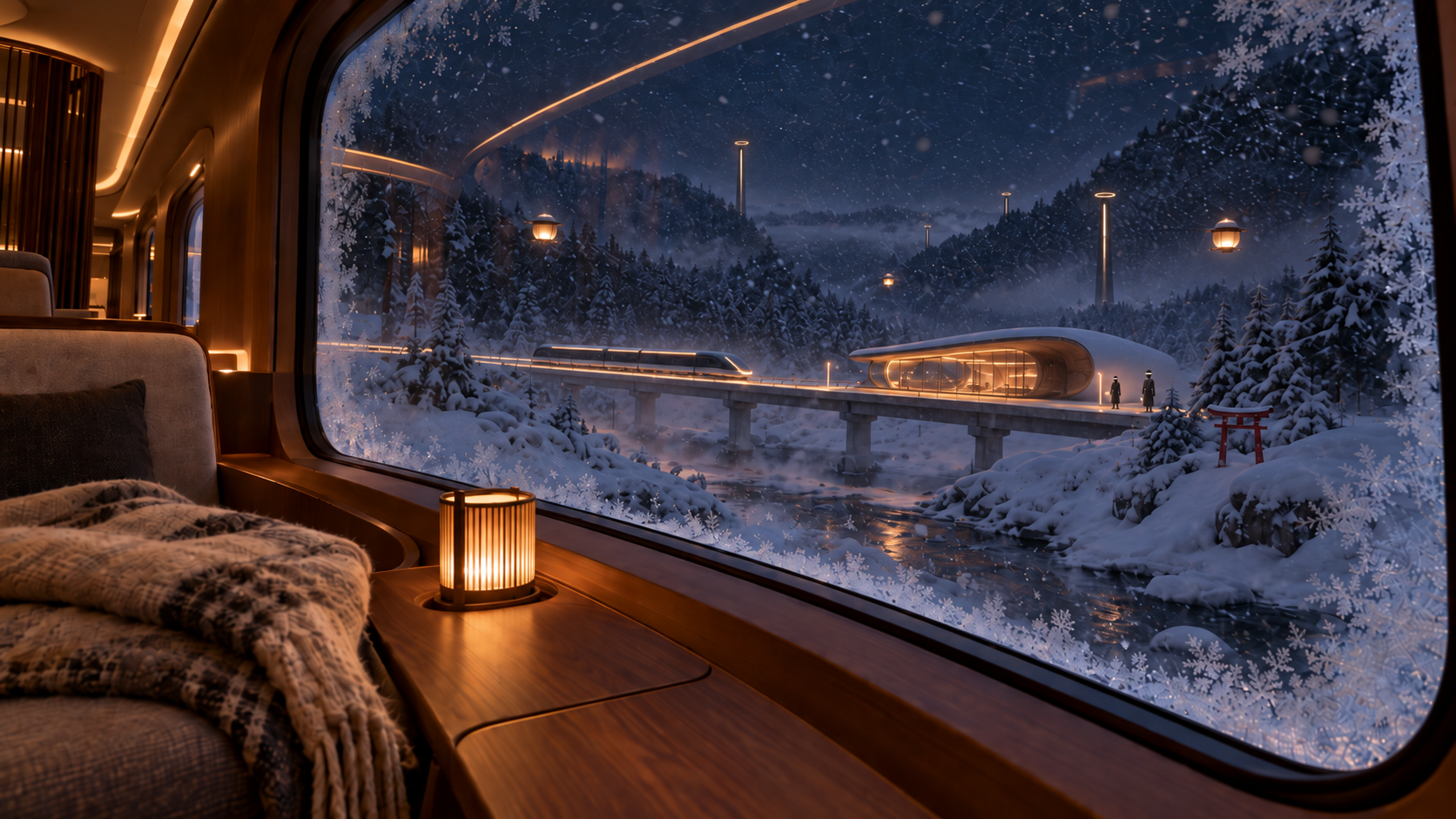 A night train gliding through a snowy landscape, seen from a warm window seat