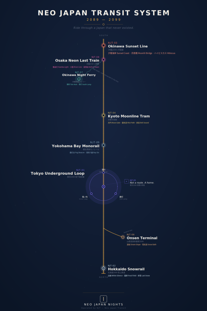 NEO JAPAN TRANSIT SYSTEM route map: nine night-rail lines across a fictional future Japan, from Hokkaido in the north to Okinawa in the south