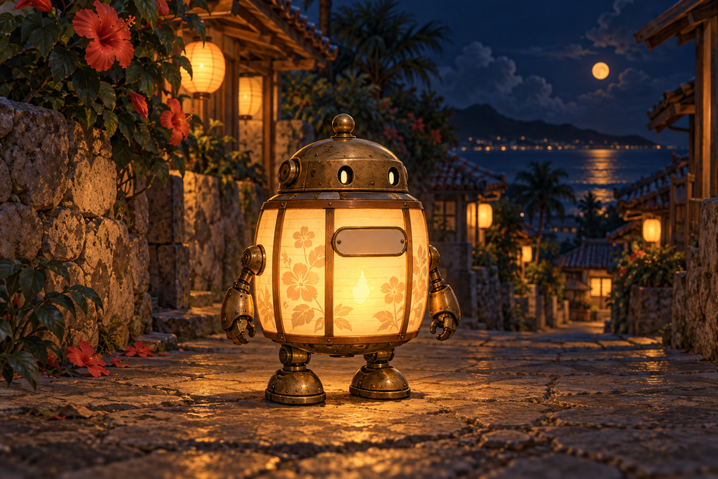 Andonmori, a knee-high lantern-shaped robot with a paper lantern body and brass legs, standing in a night alley in Okinawa.