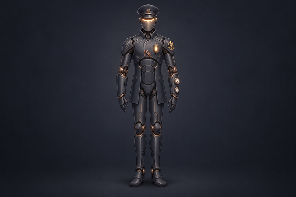 Station Master robot, a station-staff machine with an amber visor, standing on a night platform.
