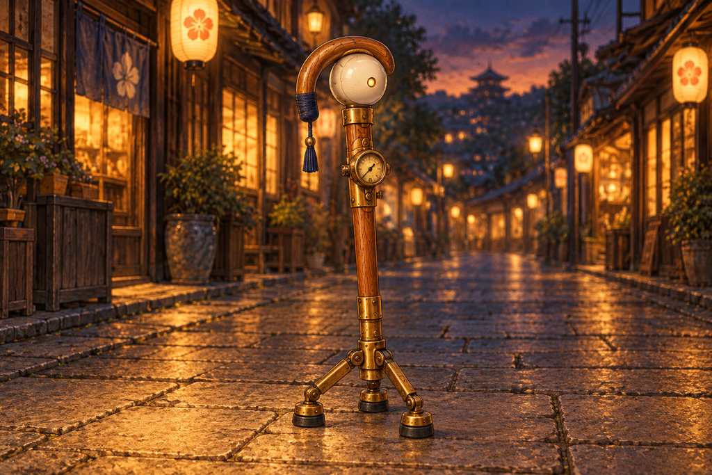 Tsuemori, a small robot shaped like the handle of a wooden cane with a round head.