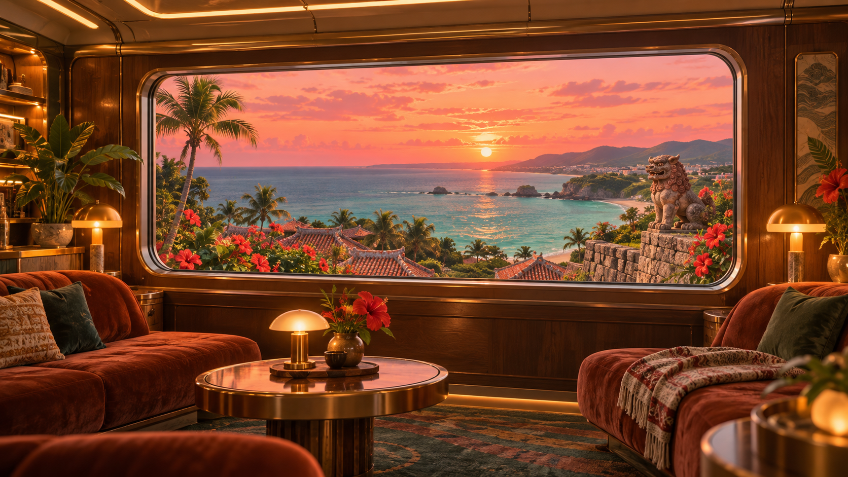 A sunset over a tropical sea, seen from a train window